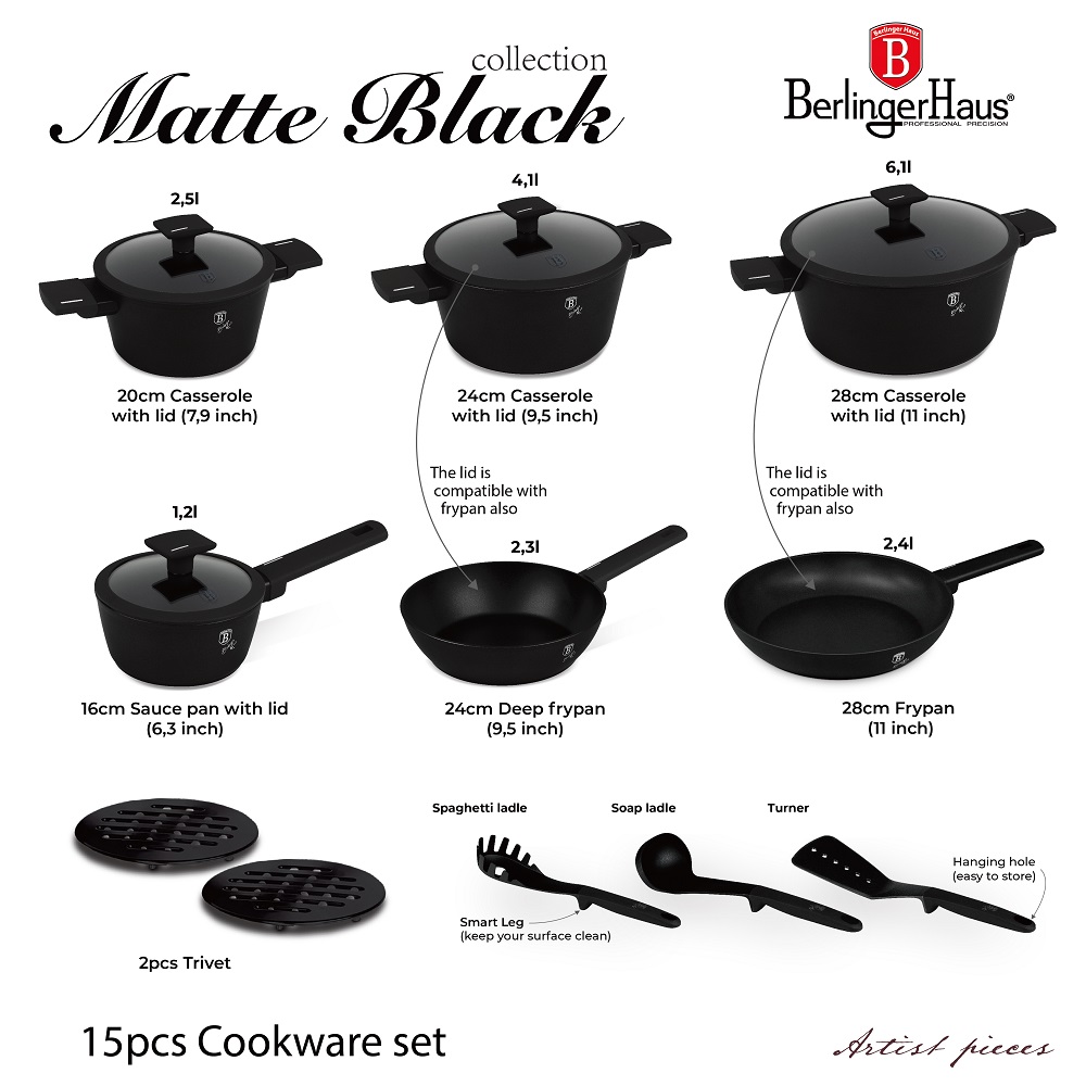 Berlinger Haus Puodų rinkinys Matte Black BH-8198, 15 dalių - Image 2